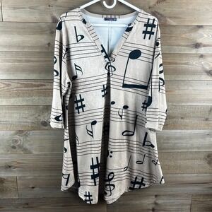 Azalea By Firmiana Womens Shirt 3/4 Sleeve Music Notes Tunic Blouse Tan Black 2X